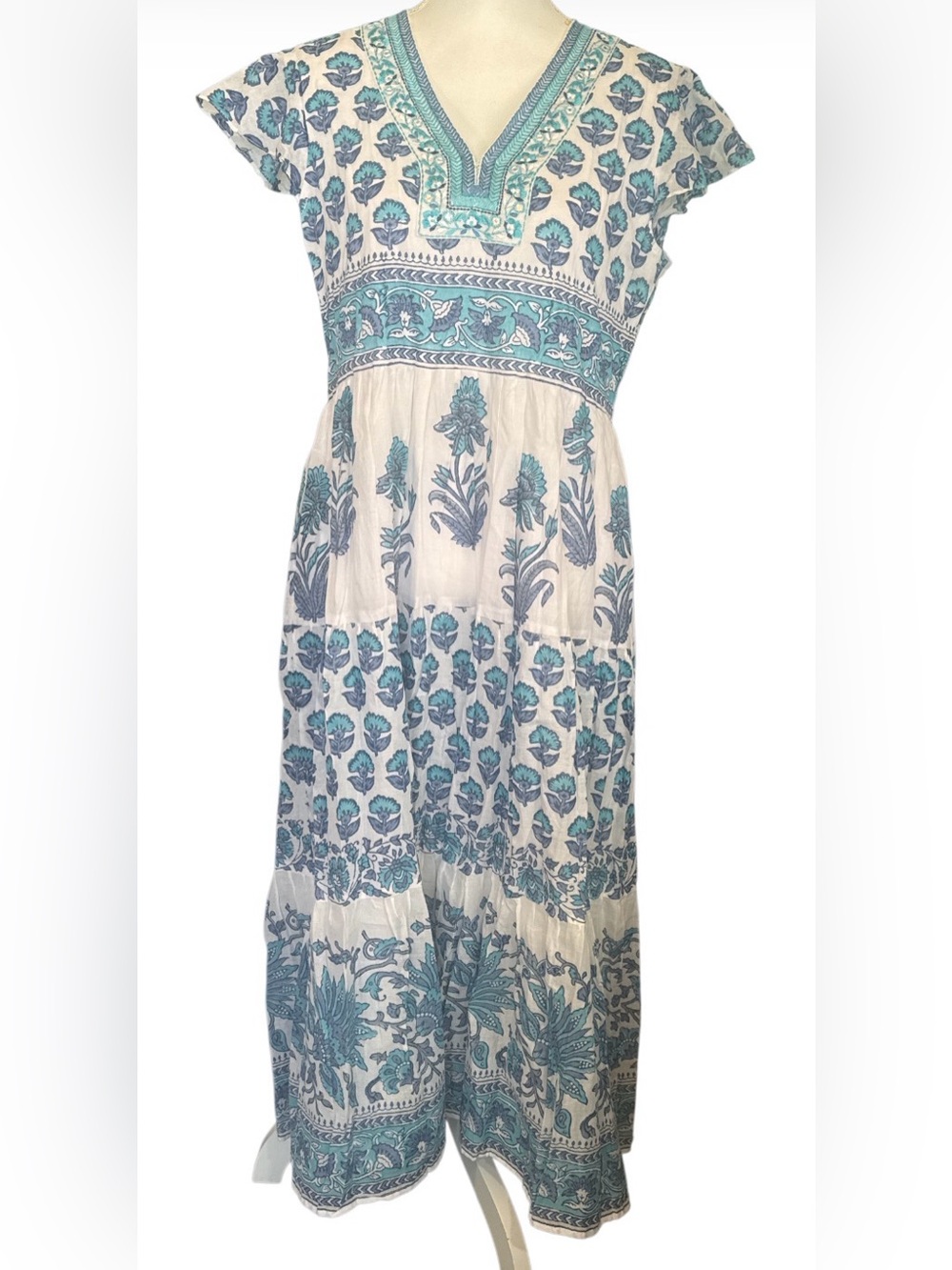 Bella Tu Bohemian White & Teal Floral Maxi Dress